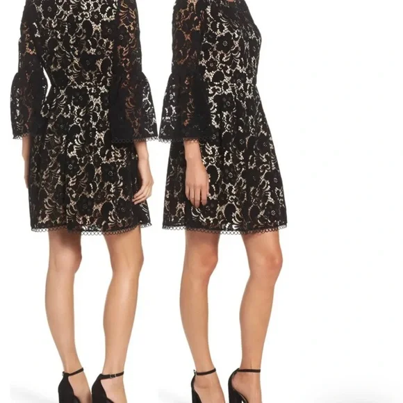 ELIZA J Bell Sleeve Fit & Flare Black Lace Dress, black and nude